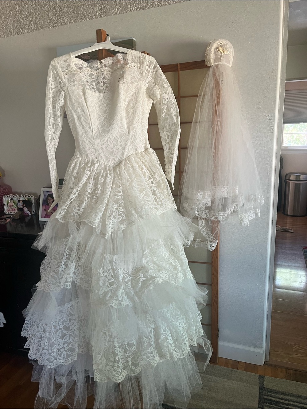 Vintage Mid-Century Tiered Lace & Tulle Long-Sleeve Wedding Gown and Veil
